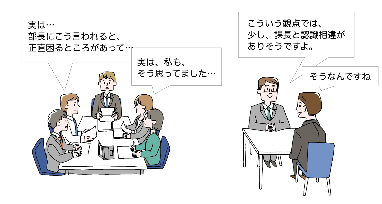 部長と課長の考えや思いには、GAPがあるのが通常です。心理的安全性を築いたコーチングだからこそ本音を引き出します。